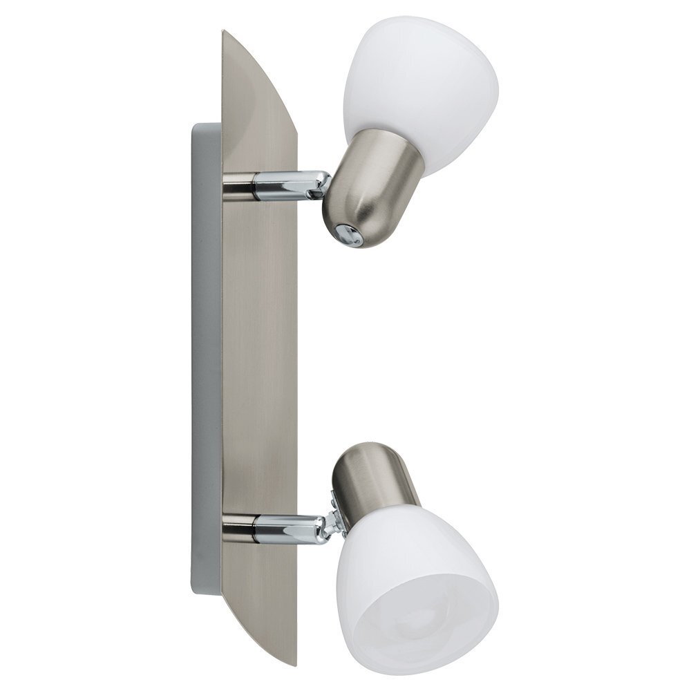 Lampa reflektorowa z dwoma regulowanymi kloszami w kolorze białym, zamontowana na metalowej podstawie w kolorze srebrnym.