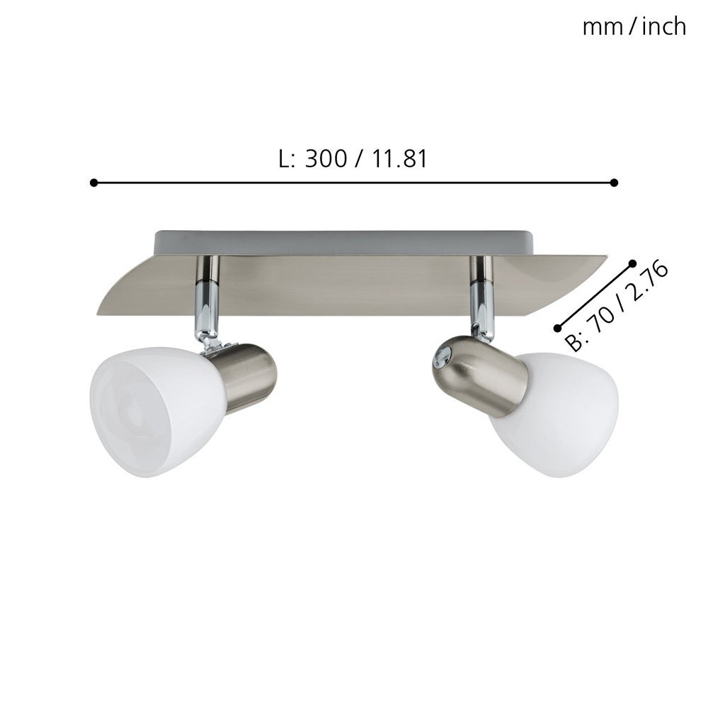Lampa reflektorowa z dwoma białymi kloszami na metalowej podstawie. Wymiary: długość 300 mm (11.81 cala), szerokość 70 mm (2.76 cala).