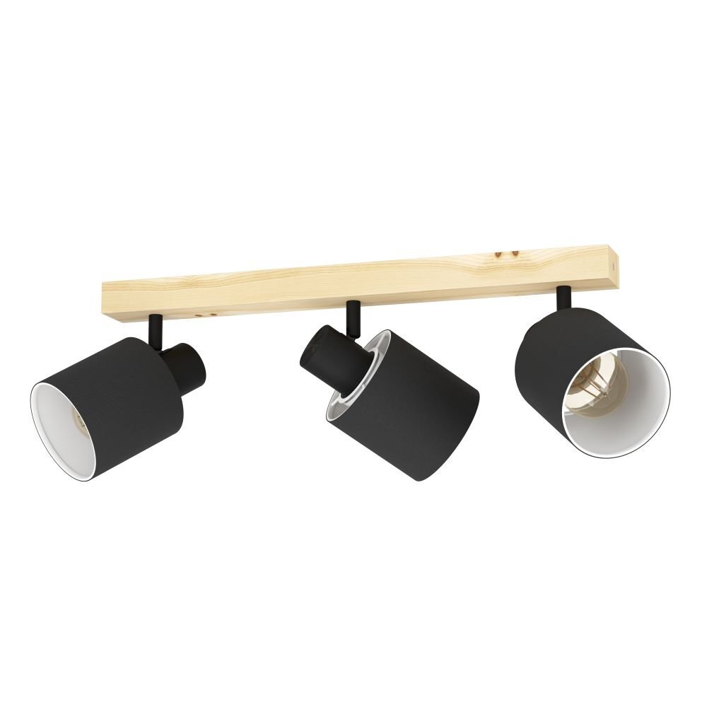 Lampa reflektorowa z trzema czarnymi kloszami zamontowanymi na drewnianej listwie. Klosze mają biały środek i są skierowane w różnych kierunkach.