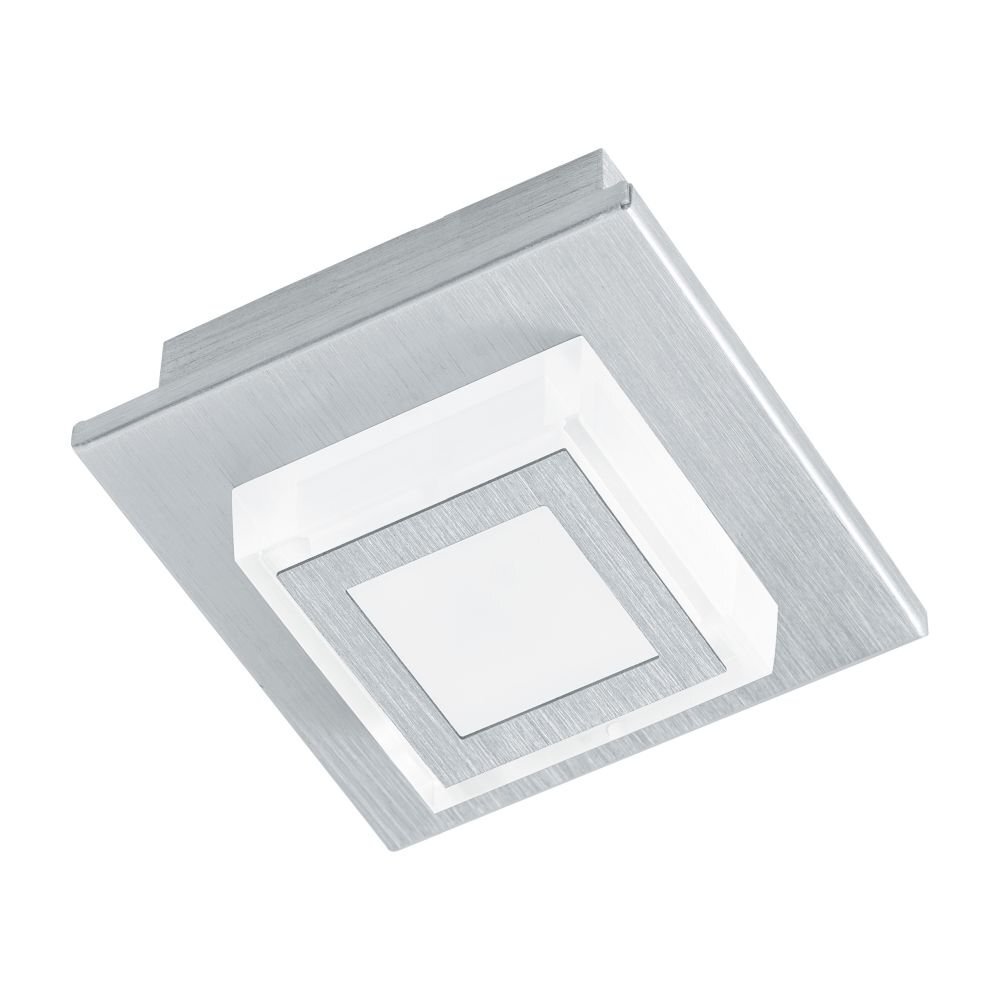Kwadratowa lampa sufitowa LED w kolorze srebrnym z centralnym, białym panelem świetlnym. Wykonana z metalu o szczotkowanej fakturze.