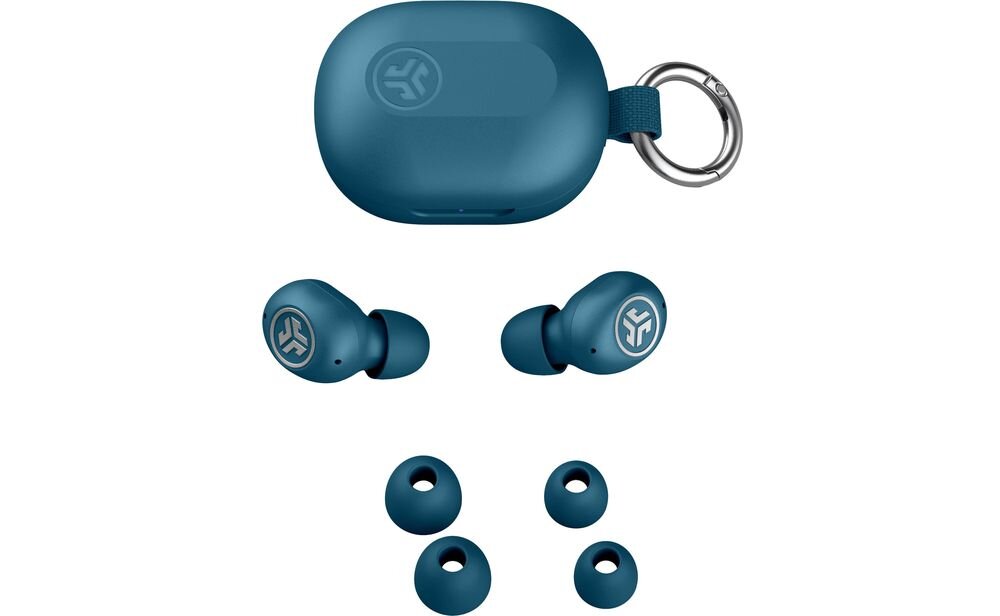 Słuchawki dokanałowe JLAB Jbuds Mini ANC, Bluetooth Multipoint, dwa urządzenia, tryb jednej słuchawki, Zestaw słuchawek JLab JBuds Mini z brelokiem, Zestaw słuchawek JLab JBuds Mini z brelokiem, etui ładującym i wymiennymi gumkami dousznymi