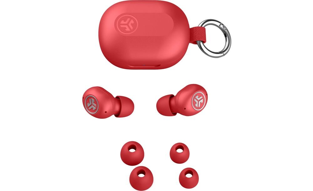 Słuchawki dokanałowe JLAB Jbuds Mini ANC, Bluetooth Multipoint, dwa urządzenia, tryb jednej słuchawki, Zestaw słuchawek JLab JBuds Mini z brelokiem, Zestaw słuchawek JLab JBuds Mini z brelokiem, etui ładującym i wymiennymi gumkami dousznymi