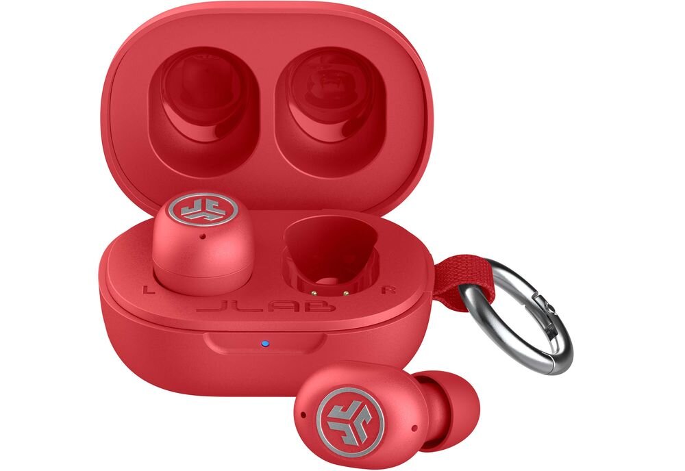 Słuchawki dokanałowe JLAB Jbuds Mini ANC, IP55, mikrofon MEMS z ENC, Apple Find My, Lost Mode, Otwarte etui JLab JBuds Mini z jedną słuchawką w środku i drugą leżącą obok