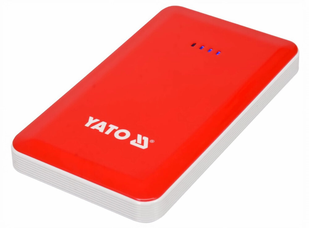 Urządzenie rozruchowe YATO 83080 Powerbank 7500 mAh urządzenie widoczne pod skosem awaryjne uruchamianie pojazdów akumulator Li-Po pojemność 7,5 Ah prąd rozruchowy 200 A waga 0,21 kg lekkie i łatwe do przenoszenia wymiary 7.6 x 1.6 x 13.5 cm