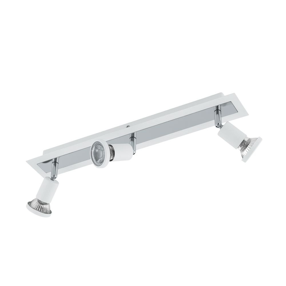 Na obrazie widoczna jest lampa sufitowa z trzema regulowanymi reflektorami w kolorze białym i chromowanym. Reflektory są zamontowane na prostokątnej listwie.