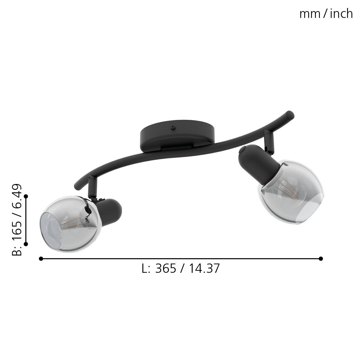Na obrazie znajduje się czarna lampa reflektorowa z dwoma szklanymi kloszami, zamontowana na zakrzywionej podstawie. Wymiary lampy to B: 165 / 6.49 i L: 365 / 14.37 mm/inch.