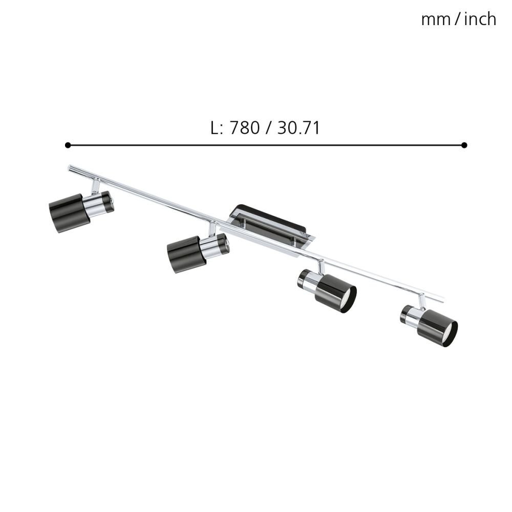 Na obrazie widoczna jest lampa sufitowa z czterema czarnymi reflektorami zamontowanymi na metalowej listwie. Nad lampą znajduje się oznaczenie długości: \'L: 780 / 30.71 mm/inch\'.
