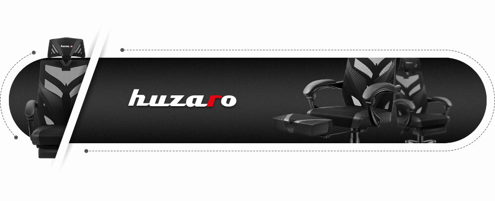Obraz przedstawia czarny fotel gamingowy z białymi i szarymi akcentami oraz logo \'huzaro\'.