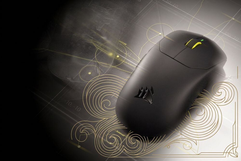 CORSAIR Sabre V3 Pro PureVector Ultralight Wbudowany akumulator 140 godzin 2,4 GHz częstotliwości odpytywania 1000 Hz 8000 Hz 25 godzin - mysz ukazana z góry na tle graficznych, geometrycznych linii i schematów