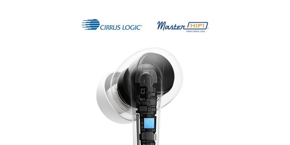 Słuchawki dokanałowe VIVO Buds Ultra ANC, DAC Hi-Fi, zakres dynamiczny 113 dB, personalizacja dźwięku i tryby przestrzenne, Przezroczysty widok wnętrza słuchawki vivo Buds Ultra z zaznaczonym na niebiesko układem audio. Nad słuchawką widoczne są logotypy Cirrus Logic i Master HiFi.
