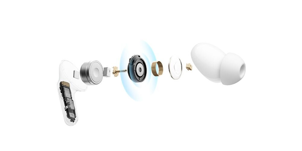 Słuchawki dokanałowe VIVO Buds Ultra ANC z układem Pure Harmonic, przetwornikiem armaturowym i dynamicznym, pasmo 16 Hz–60 kHz, Rozstrzelony widok konstrukcji vivo Buds Ultra pokazujący elementy hybrydowego układu akustycznego, w tym przetworniki i komponenty umieszczone wewnątrz słuchawki.