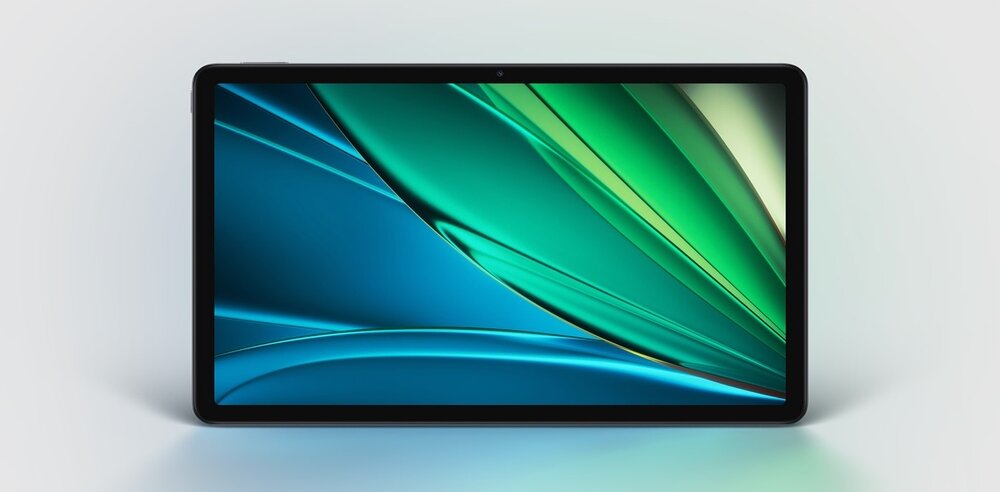 Tablet z wyświetlaczem pokazującym abstrakcyjną grafikę w odcieniach zieleni i niebieskiego. Obudowa urządzenia jest w kolorze szarym.