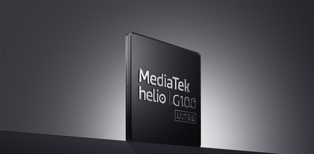 Obraz przedstawia ciemnoszary układ scalony z napisem \'MediaTek helio G100 ULTRA\'.