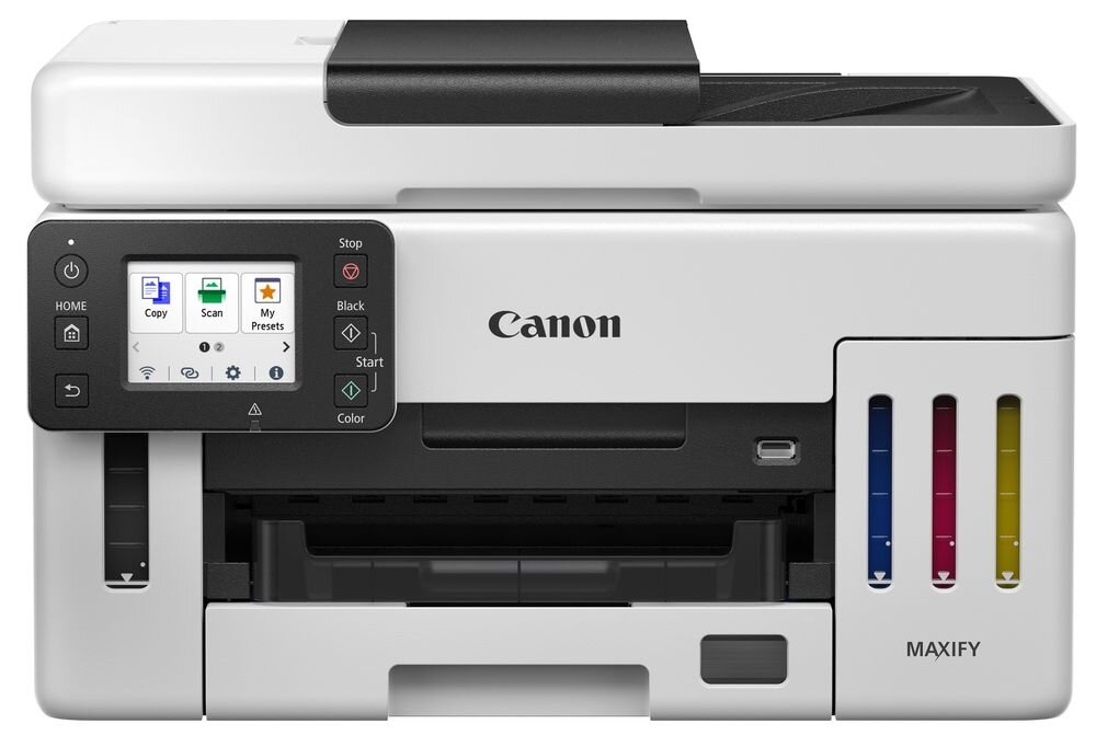 Urządzenie wielofunkcyjne Canon z wyświetlaczem dotykowym i widocznymi pojemnikami na tusz w różnych kolorach. Na obudowie znajduje się logo \'Canon\' oraz napis \'MAXIFY\'.
