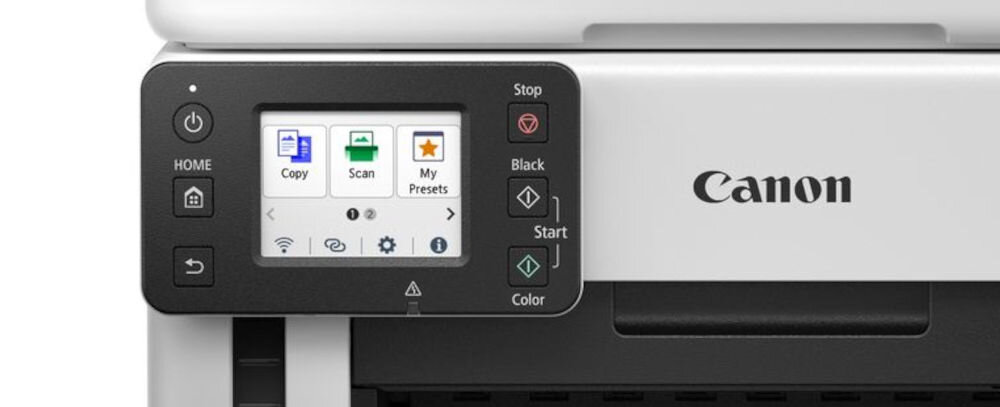 Panel sterowania urządzenia wielofunkcyjnego z wyświetlaczem pokazującym opcje: Copy, Scan, My Presets. Obok wyświetlacza znajdują się przyciski funkcyjne, a na obudowie widoczne jest logo Canon.