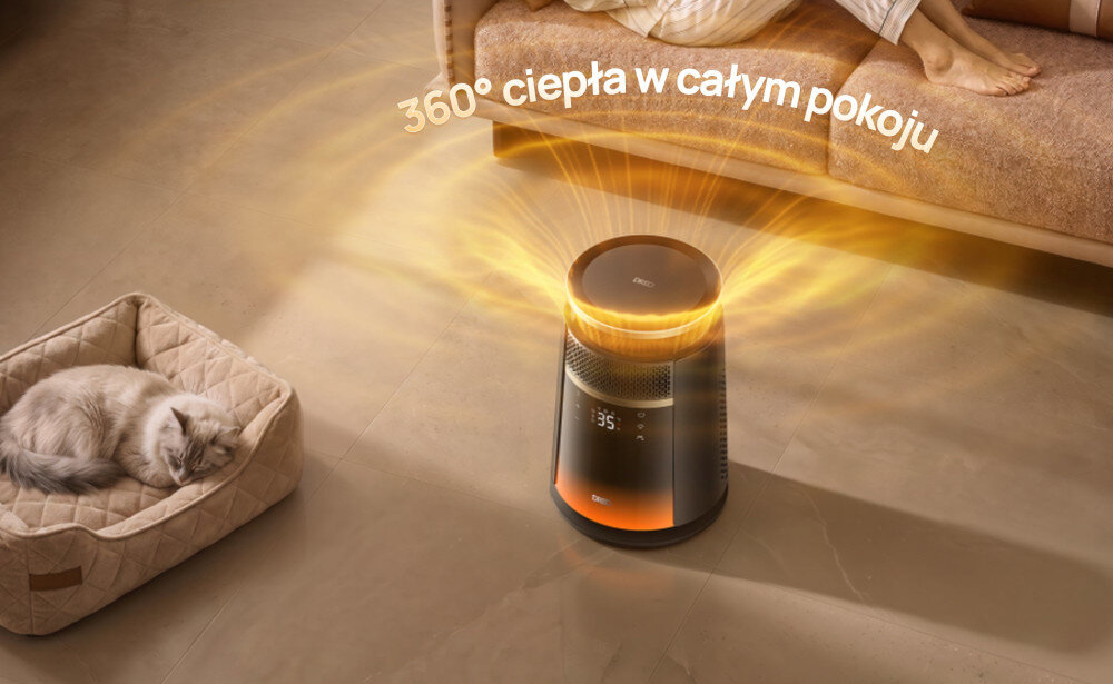 Termowentylator DREO WRH 720S Czarny zdjęcie lifestyle Rozprowadzanie ciepła Tryb ogrzewania 360° tryb skupiony