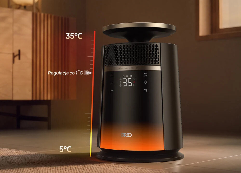 Termowentylator DREO WRH 720S Czarny zdjęcie lifestyle Moc i temperatura Trzy poziomy mocy i nawiewu  Termostat z regulacją temperatury od 5 do 35°C tryb ECO