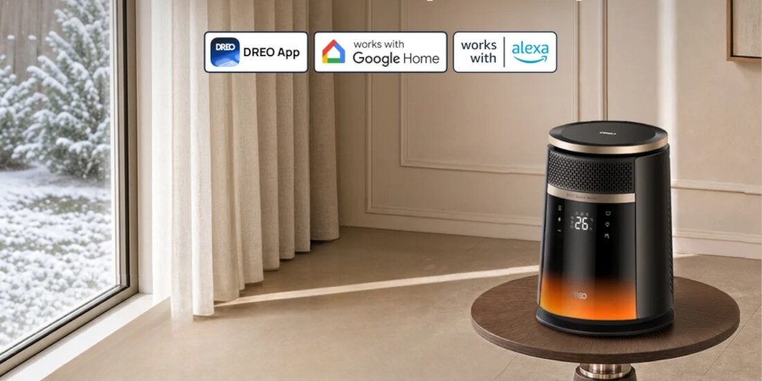Termowentylator DREO WRH 720S Czarny zdjęcie lifestyle Sterowanie aplikacją i głosem za pomocą smartfona pilot Kompatybilność z Google Assistant i Amazon Alexa  z poleceń głosowych