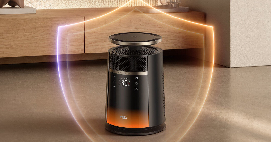 Termowentylator DREO WRH 720S Czarny zdjęcie lifestyle Bezpieczeństwo użytkowania 8-warstwowy system zabezpieczeń Ochrona przed przegrzaniem automatyczne wyłączenie po przewróceniu blokada rodzicielska