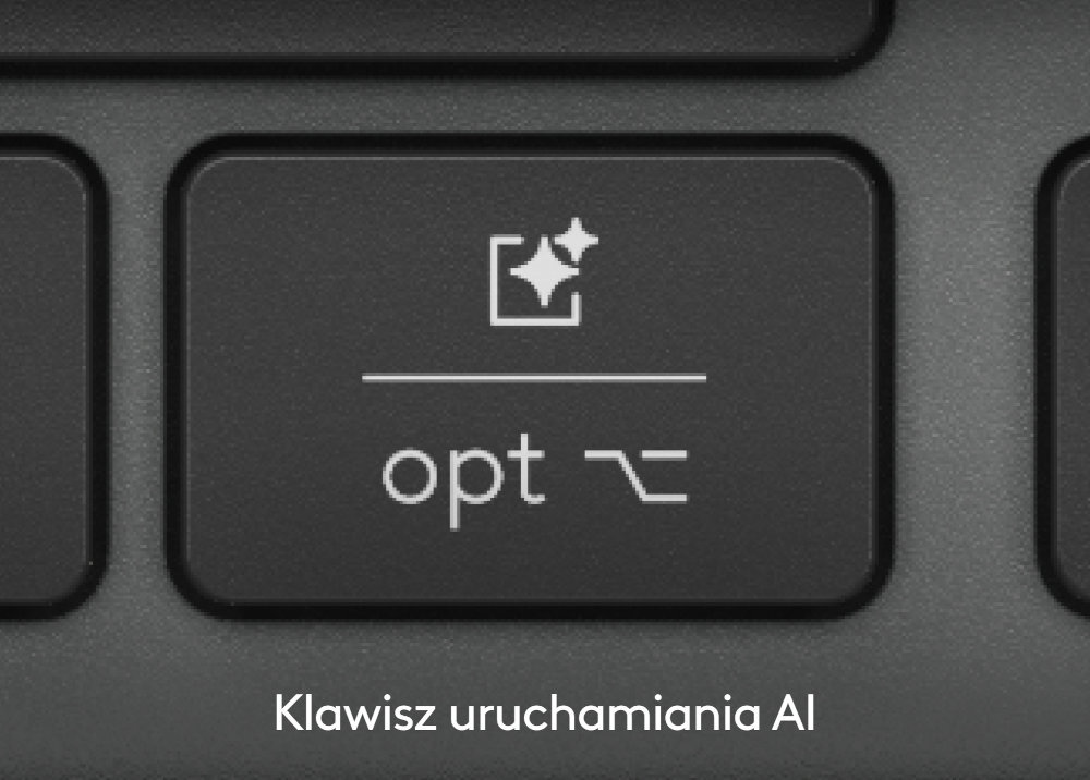 Zbliżenie na klawisz klawiatury z symbolem gwiazdy w kwadracie oraz napisem \'opt\'. Pod klawiszem znajduje się tekst: \'Klawisz uruchamiania AI\'.