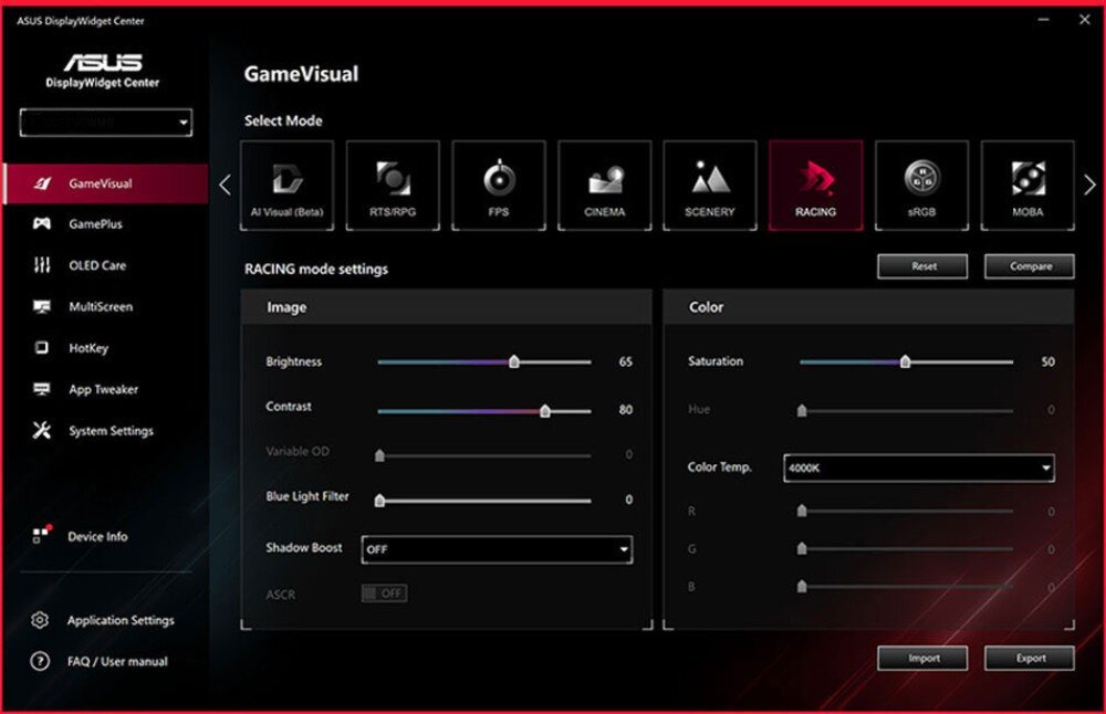 Interfejs ASUS DisplayWidget Center z zakładką GameVisual, pokazujący różne tryby wizualne oraz ustawienia trybu Racing, takie jak jasność, kontrast i temperatura kolorów. Widoczne są suwaki do regulacji parametrów obrazu i koloru oraz przyciski Reset i Compare.