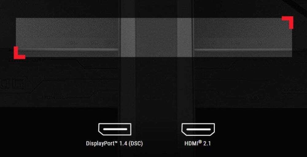 Obraz przedstawia dwa porty: DisplayPort™ 1.4 (DSC) i HDMI® 2.1, z czerwonymi narożnikami w górnych rogach. Tło jest ciemne, a porty są oznaczone białymi ikonami i tekstem.