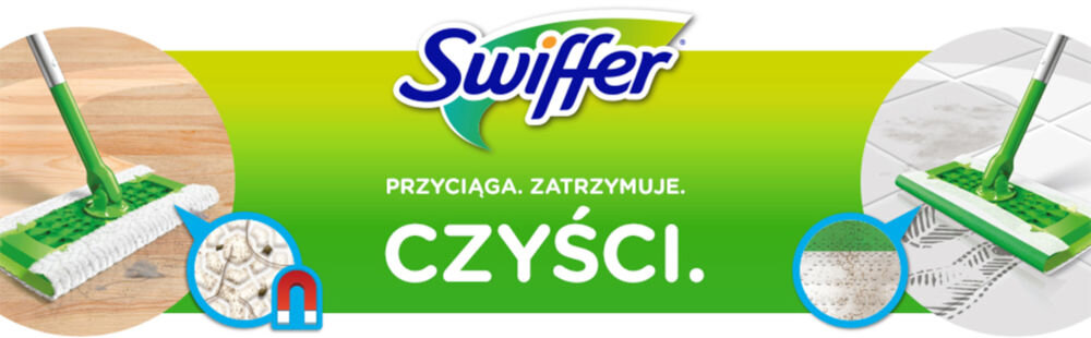 Obraz przedstawia mop płaski z logo Swiffer na zielonym tle. Tekst na obrazie: \'Przyciąga. Zatrzymuje. Czyści.\'