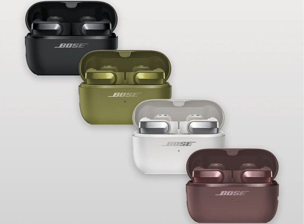 BOSE Ultra Open Earbuds 2 gen. Clip słuchawki open ear otwarta konstrukcja, słuchawki z etui ładującym na szarym tle