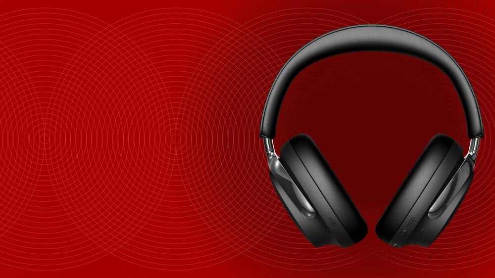 BOSE QuietComfort Ultra 2 gen. ANC CustomTune głęboki bas ActiveSense aktywna redukcja szumów, sluchawki na czerwonym tle