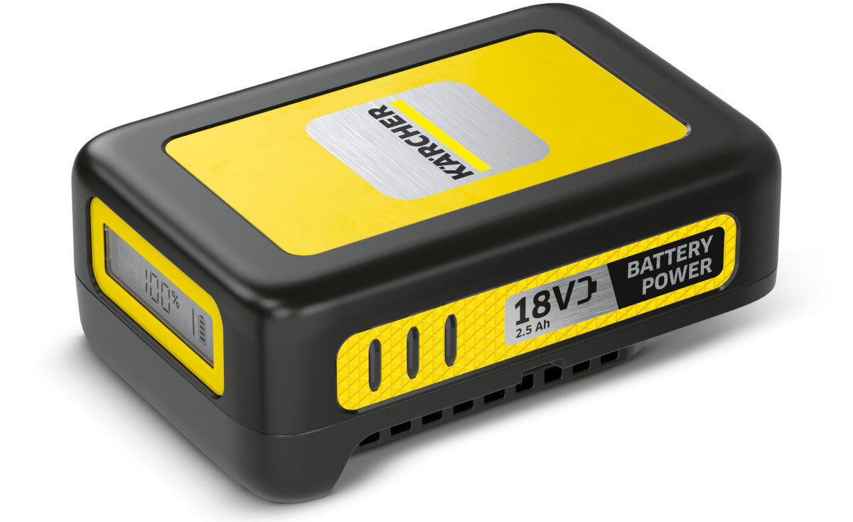 Czarny akumulator z żółtymi elementami, na którym widnieje logo \'KARCHER\'. Na boku znajduje się napis \'18V 2.5 Ah BATTERY POWER\'.