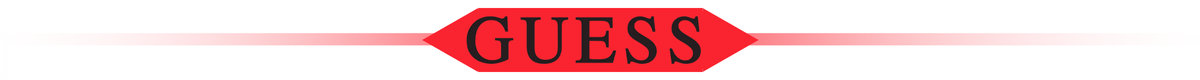 Logo z napisem \'GUESS\' na czerwonym tle w kształcie sześciokąta.