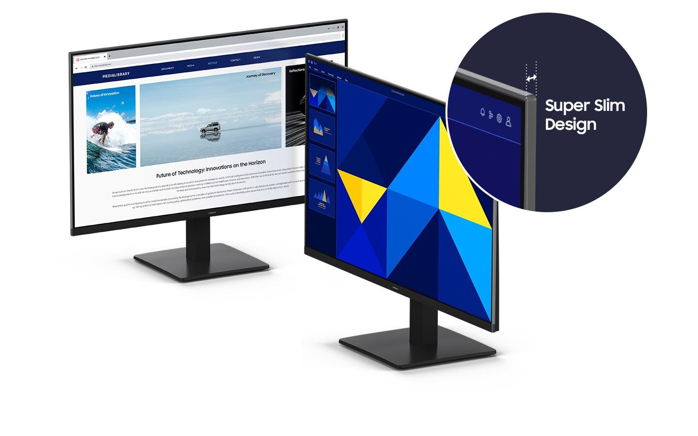 Dwa monitory z cienkimi ramkami, jeden wyświetla stronę internetową, a drugi kolorowe wzory geometryczne. Obok znajduje się okrągły element z napisem \'Super Slim Design\'.