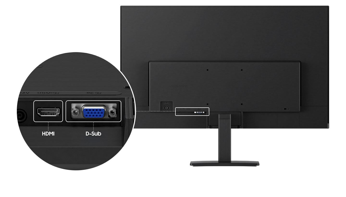 Obraz przedstawia tył monitora z widocznymi portami HDMI i D-Sub. Monitor jest zamontowany na prostym stojaku.