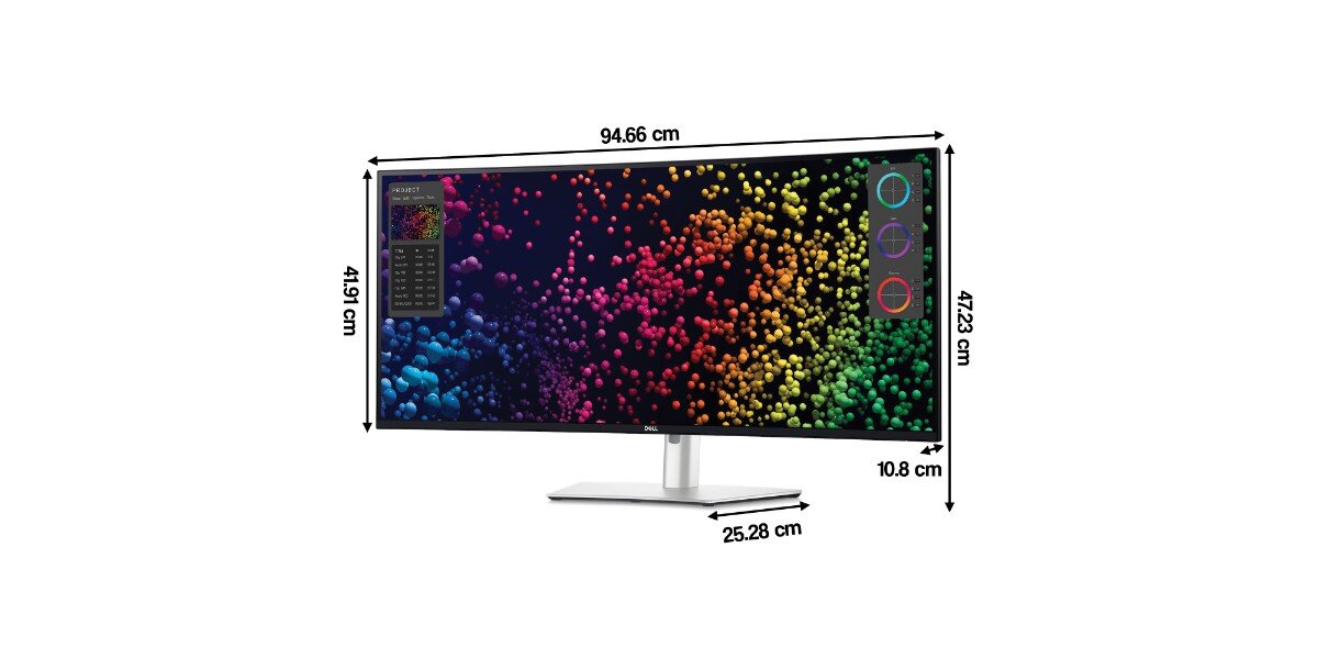 Monitor o zakrzywionym ekranie z kolorowym wyświetlaczem, przedstawiający różnobarwne kuleczki. Wymiary monitora to 94.66 cm szerokości, 41.91 cm wysokości, 47.23 cm głębokości z podstawą, a podstawa ma głębokość 25.28 cm i wysokość 10.8 cm.