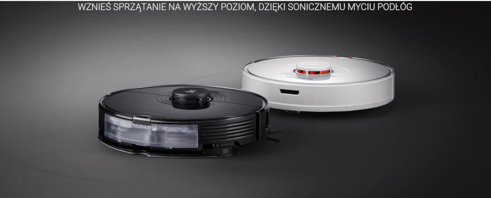 Na obrazie znajdują się dwa roboty sprzątające, jeden czarny, drugi biały, na ciemnym tle. U góry widoczny jest tekst: \'WZNIEŚ SPRZĄTANIE NA WYŻSZY POZIOM, DZIĘKI SONICZNEMU MYCIU PODŁÓG\'.