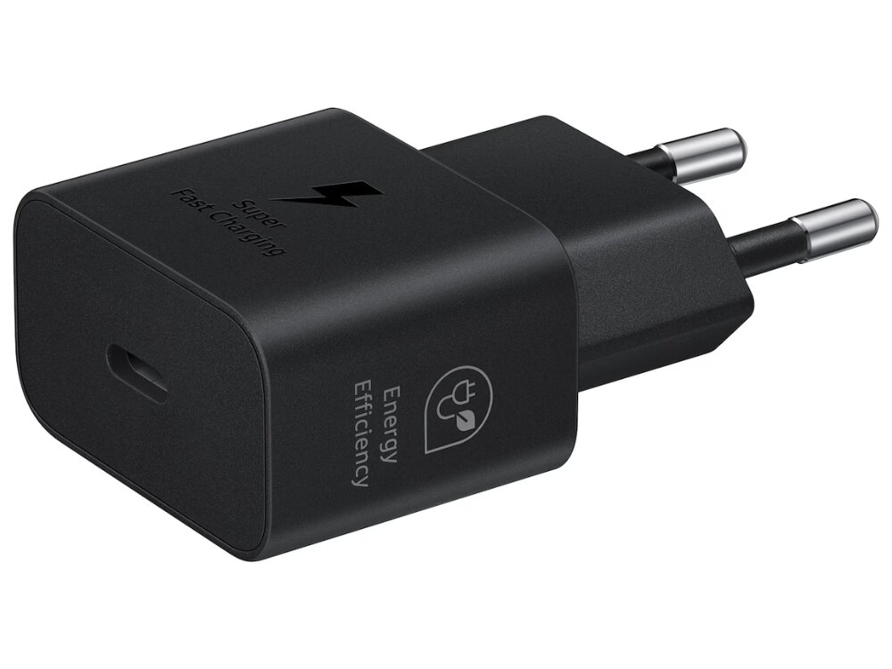 Czarna ładowarka sieciowa z wtyczką USB-C, oznaczona napisami \'Super Fast Charging\' i \'Energy Efficiency\'.