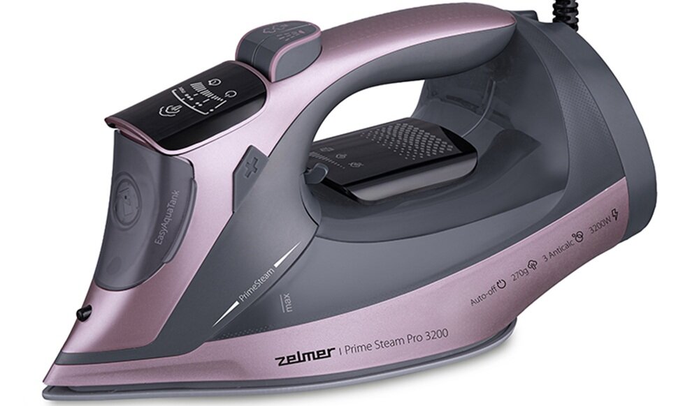 Żelazko w kolorze różowym z czarnymi elementami, z widocznym logo \'zelmer\' i napisem \'Prime Steam Pro 3200\'. Na żelazku znajdują się oznaczenia funkcji, takie jak \'Auto-off\', \'270g\', \'AntiCalc\', \'3200W\'.