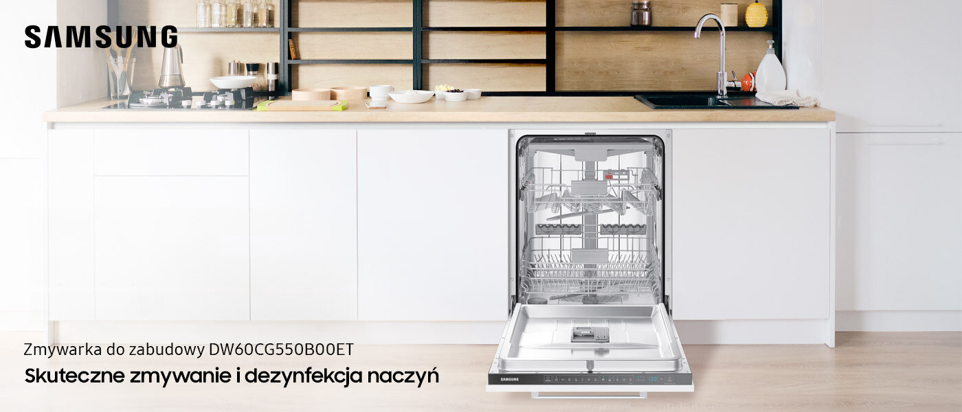 Sprawdź w Media Expert nową zmywarkę DW60CG550B00ET Kuchnia z białymi szafkami i drewnianym blatem, na którym stoją różne przedmioty. Otwarta zmywarka z widocznym wnętrzem, obok tekst: \'Zmywarka do zabudowy DW60CG550B00ET Skuteczne zmywanie i dezynfekcja naczyń\'.