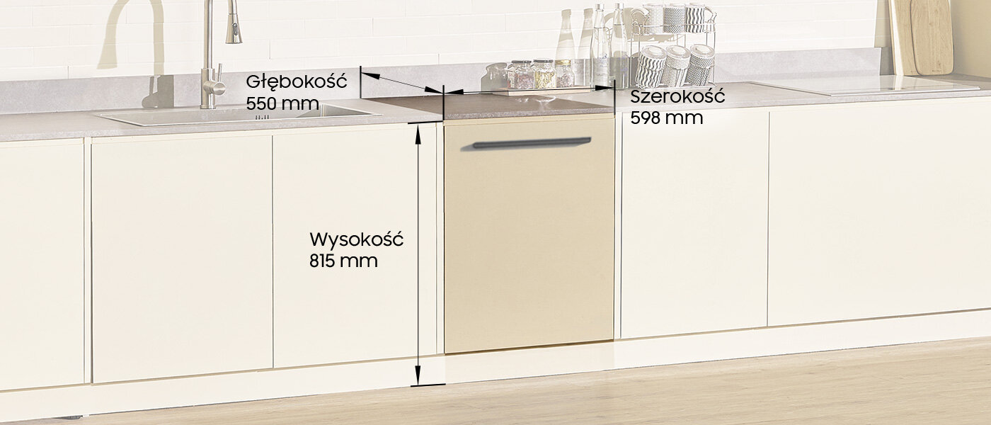 Grafika z opisem wymiarów zmywarki DW60CG550B00ET - Media Expert Kuchnia z zabudowaną zmywarką, na której widoczne są wymiary: głębokość 550 mm, szerokość 598 mm, wysokość 815 mm. Na blacie znajdują się butelki i kubki.