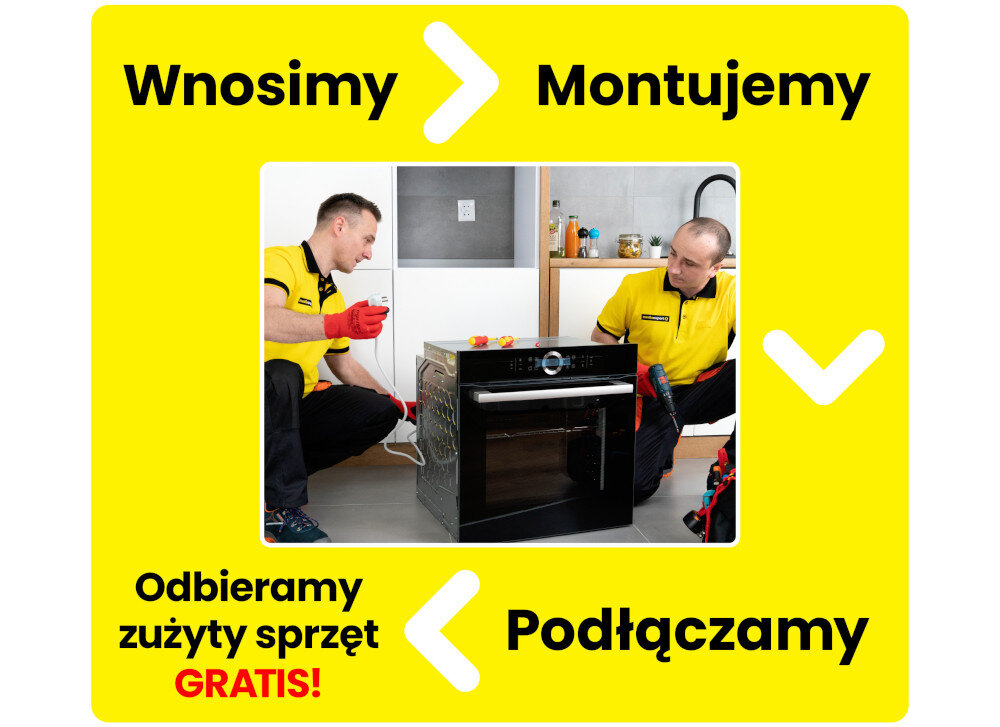Dwóch mężczyzn w żółtych koszulkach montuje piekarnik w kuchni. Na żółtym tle widnieją napisy: \'Wnosimy\', \'Montujemy\', \'Podłączamy\', \'Odbieramy zużyty sprzęt GRATIS!\'.
