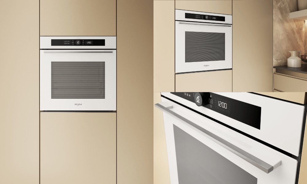 Biały piekarnik elektryczny w zabudowie z panelem sterowania i wyświetlaczem cyfrowym. Na froncie widoczne jest logo \'Whirlpool\'.