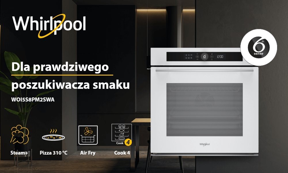 Obraz przedstawia biały piekarnik elektryczny marki Whirlpool z napisem \'Dla prawdziwego poszukiwacza smaku\'. Widoczne są funkcje: Steam+, Pizza 310°C, Air Fry, Cook 4 oraz logo \'6th sense\'.