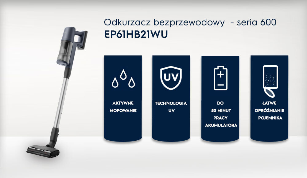 Obraz przedstawia odkurzacz bezprzewodowy z serii 600 oraz cztery ikony z opisami: \'AKTYWNE MOPOWANIE\', \'TECHNOLOGIA UV\', \'DO 50 MINUT PRACY AKUMULATORA\', \'ŁATWE OPRÓŻNIANIE POJEMNIKA\'.