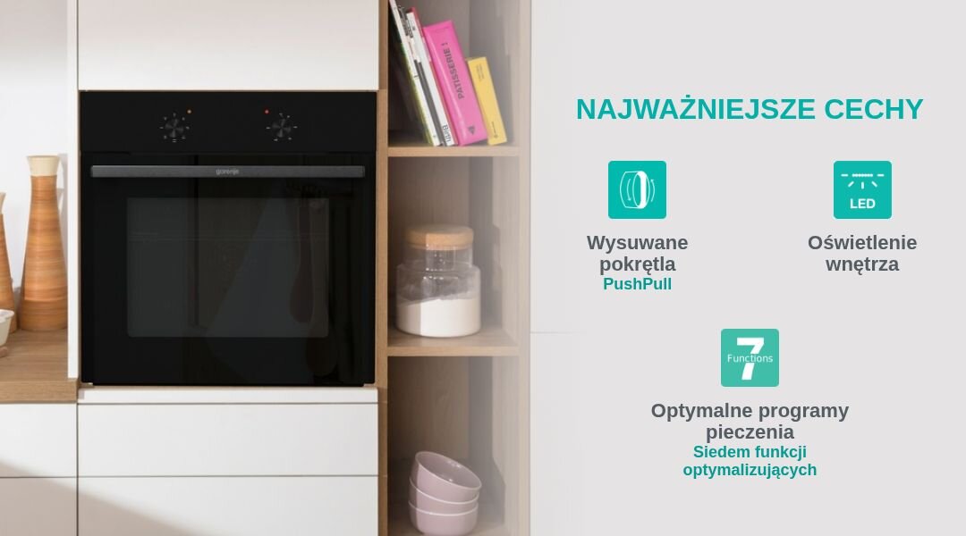 Na obrazie widoczny jest czarny piekarnik w zabudowie kuchennej oraz półka z książkami i naczyniami. Obok piekarnika znajduje się tekst: \'NAJWAŻNIEJSZE CECHY\', \'Wysuwane pokrętła PushPull\', \'Oświetlenie wnętrza\', \'Optymalne programy pieczenia Siedem funkcji optymalizujących\'.