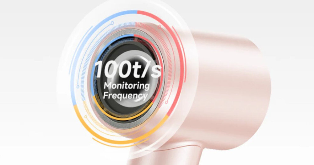 Obraz przedstawia suszarkę do włosów w kolorze różowym z napisem \'100t/s Monitoring Frequency\' na tle kolorowych okręgów.