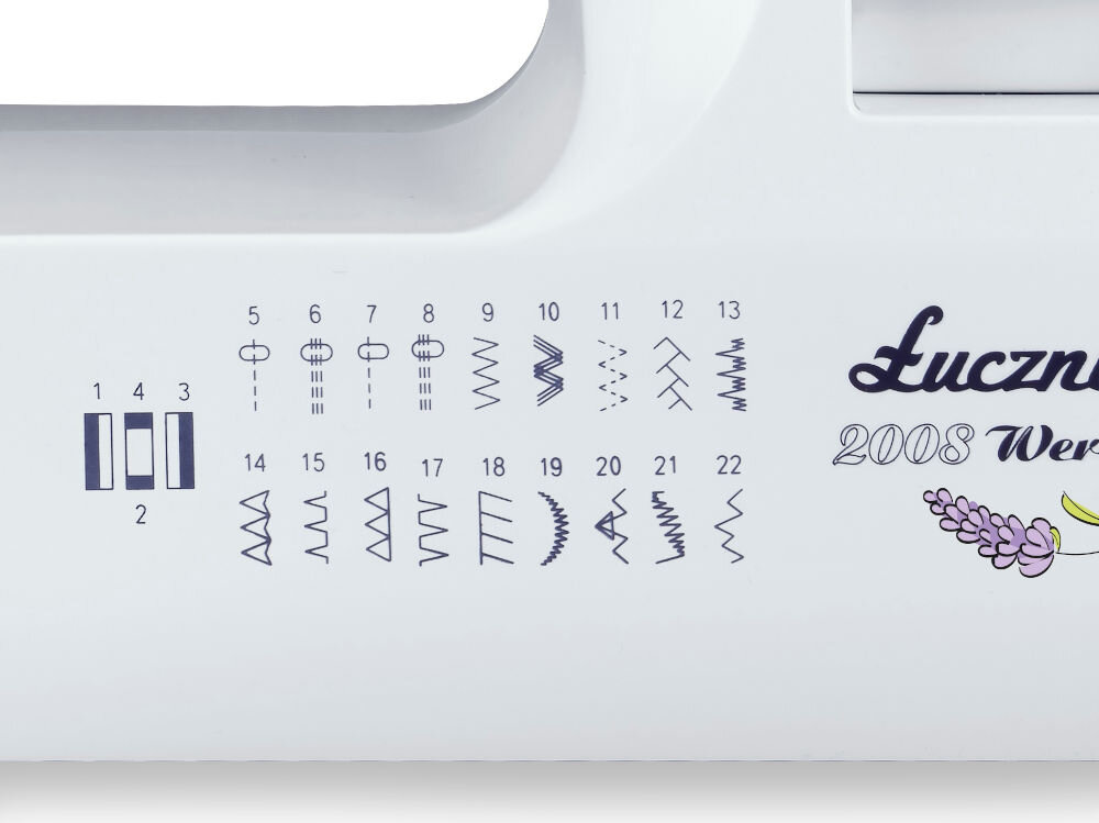 Na białej powierzchni widoczne są różne wzory ściegów oznaczone numerami od 1 do 22 oraz napis \'Łucznik 2008 Weronika II\' z grafiką lawendy.