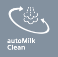 Ikona przedstawia symbol pary wodnej z zakrzywioną strzałką wokół, z napisem \'autoMilk Clean\'.