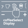 Ikona przedstawia rękę wskazującą na symbole filiżanek z napisem \'coffeeSelect Display\'.