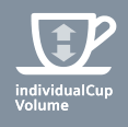 Ikona przedstawia biały kubek z szarą strzałką skierowaną w dół, na niebieskim tle. Pod kubkiem znajduje się napis \'individualCup Volume\'.