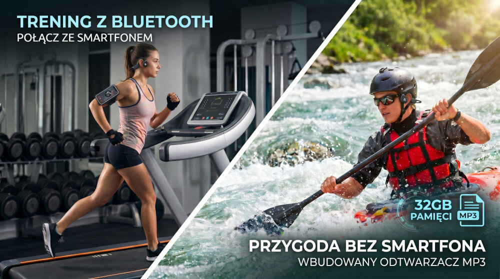 Obraz podzielony na dwie części: po lewej kobieta biegnie na bieżni w siłowni z tekstem \'TRENING Z BLUETOOTH POŁĄCZ ZE SMARTFONEM\', po prawej osoba w kajaku na rzece z tekstem \'PRZYGODA BEZ SMARTFONA WBUDOWANY ODTWARZACZ MP3 32GB PAMIĘCI\'.